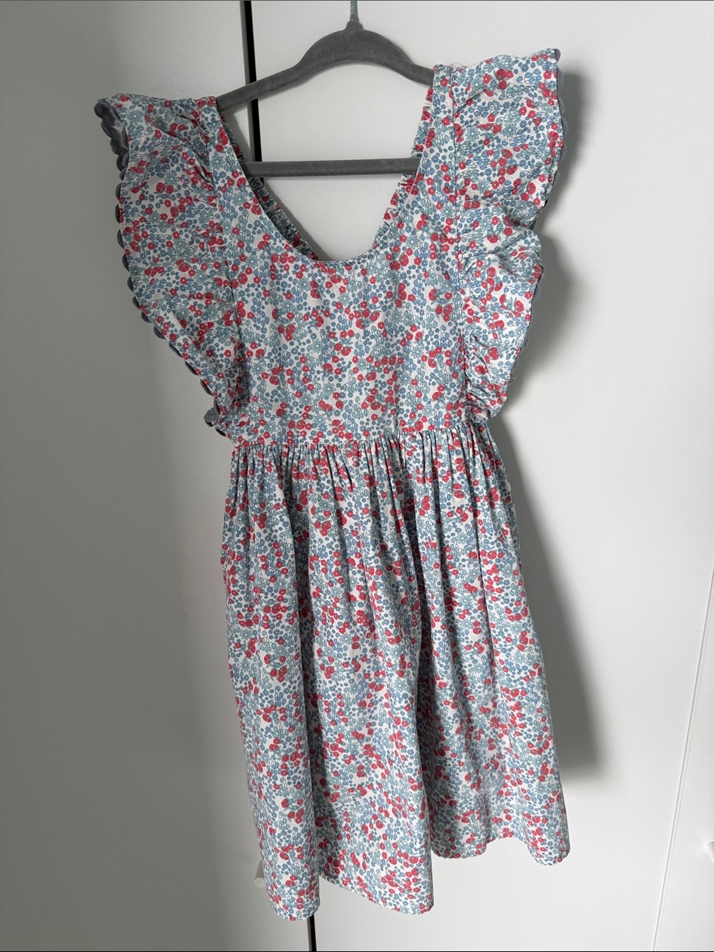 Floral Ruffle Sleeve Girls Dress in Light Blue and Coral